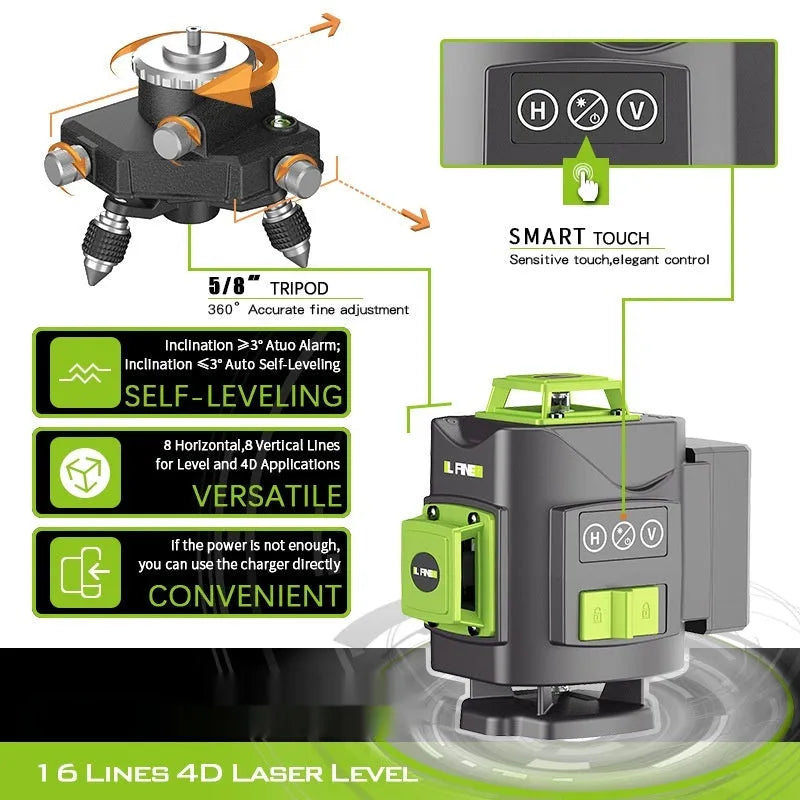 Green laser level projecting 16 lines on a wall, with 11cm x 13.5cm x 13.5cm size and 0.7kg weight for alignment tasks.