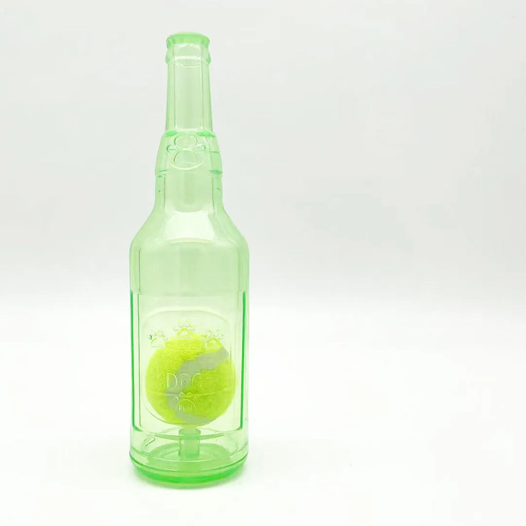 Blue squeaky dog toy shaped like a water bottle with a natural rubber cruncher texture.