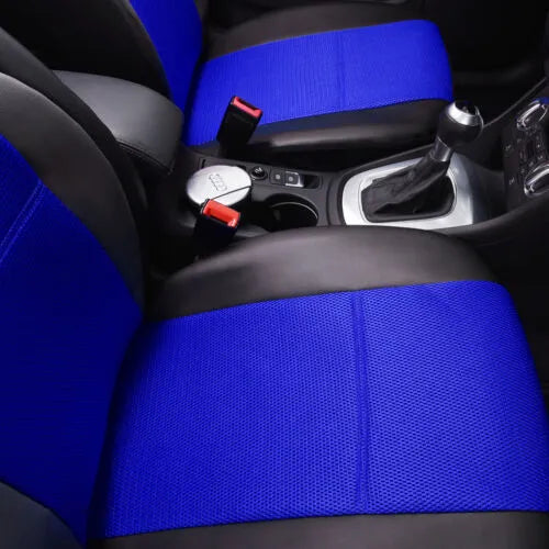 9-piece artificial leather car seat cover set showing 135cm backrest and 118cm front seat covers with installation hooks