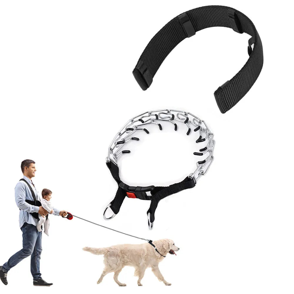 Dog training stimulation chain collar with spiked design in black, reflective blue, and reflective green colour options