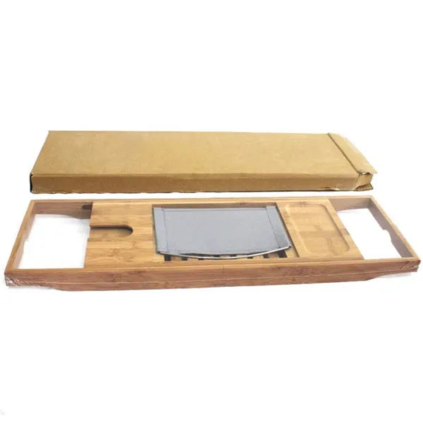 Bamboo bathtub frame on bathroom counter for toiletry storage
