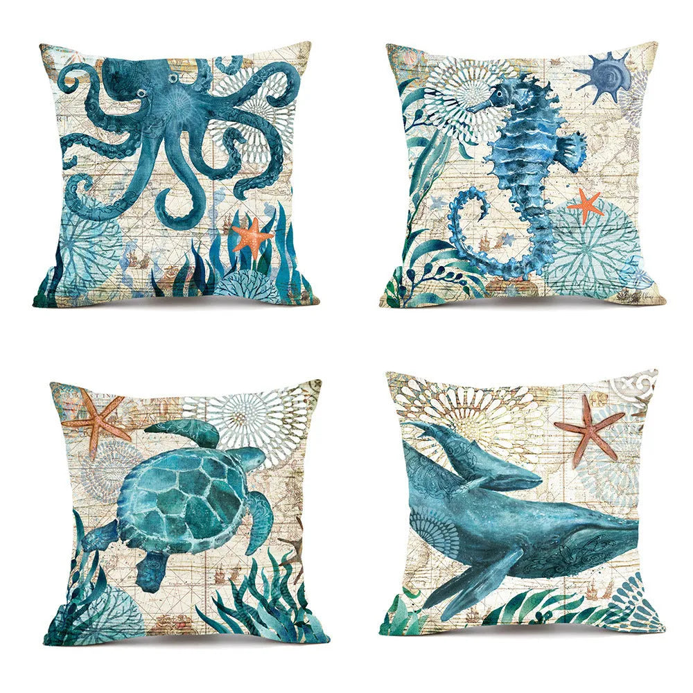 Linen cushion cover with printed sea turtle design, showing invisible zipper and 45x45cm size.
