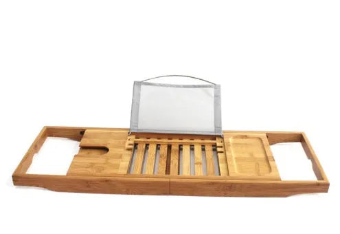 Bamboo bathtub frame on bathroom counter for toiletry storage