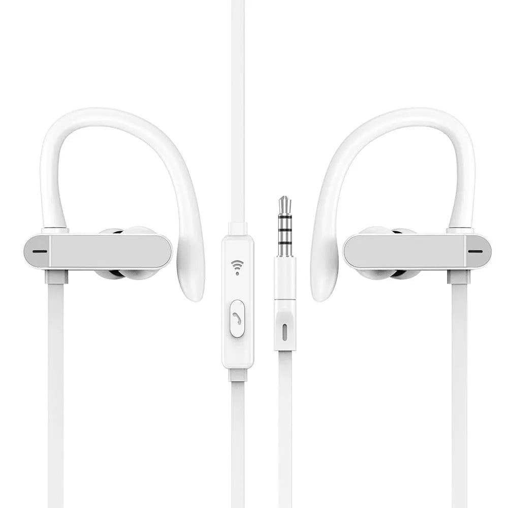 Sport running earhook earbuds with microphone in black blue, black gray, white gold, and white silver colours.