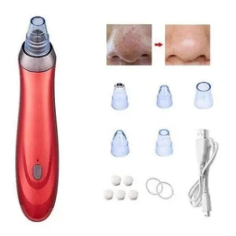 Handheld electric blackhead remover tool with multiple nozzle attachments on a white background.