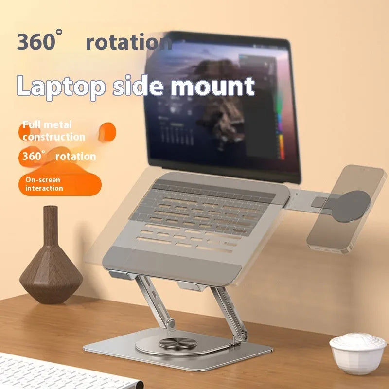 Silver carbon steel laptop stand with rotating magnetic phone holder supporting dual devices
