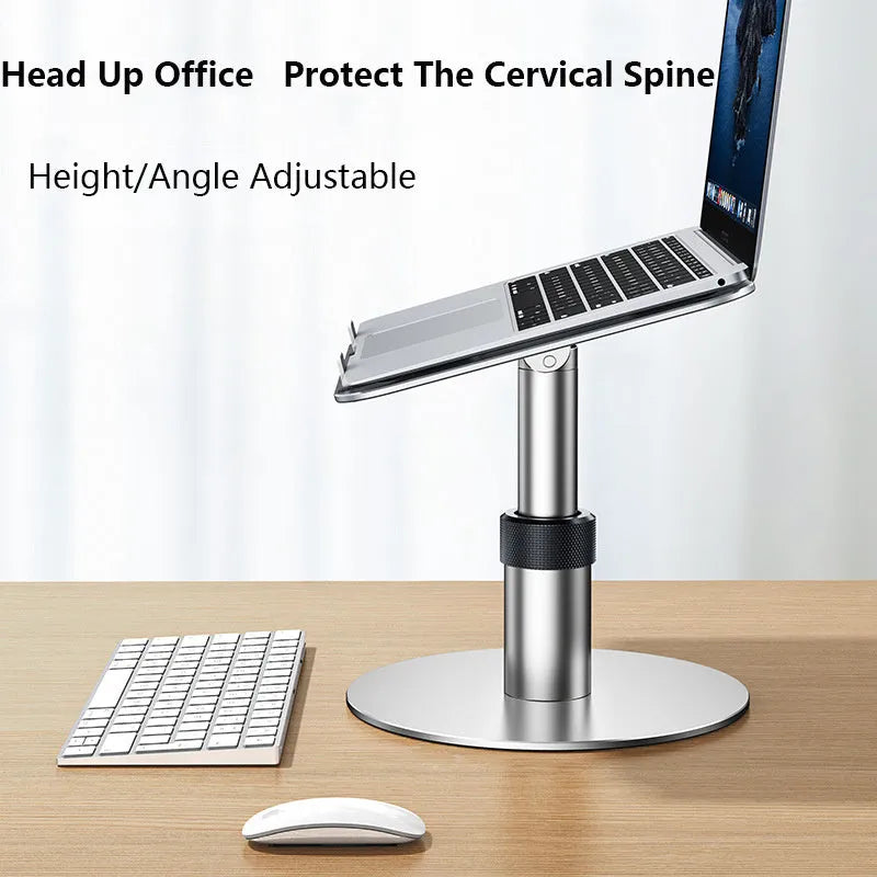 Silver aluminium car laptop stand with adjustable height and rotating pole on car back seat