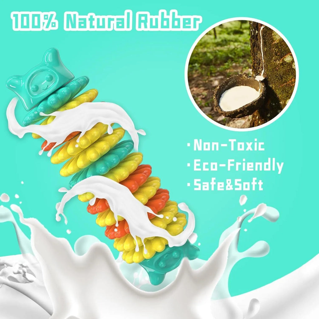 Blue rubber caterpillar dog chew toy for aggressive chewers, 17cm long, on a white background