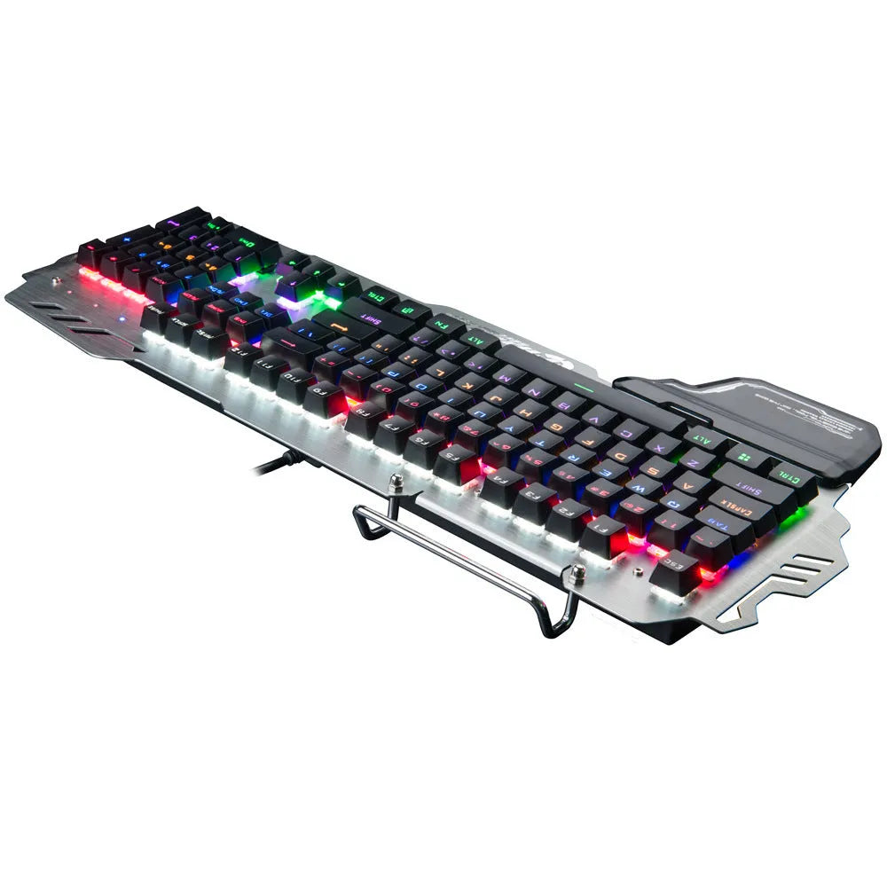 Silver metal gaming keyboard with green axis mechanical switches and integrated wrist splint