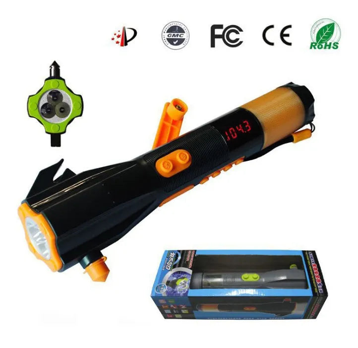 Car safety hammer with window breaker, seat belt cutter, LED light, hand crank, USB charging, gray orange, 27.5 x 9.5 x 5.8 cm