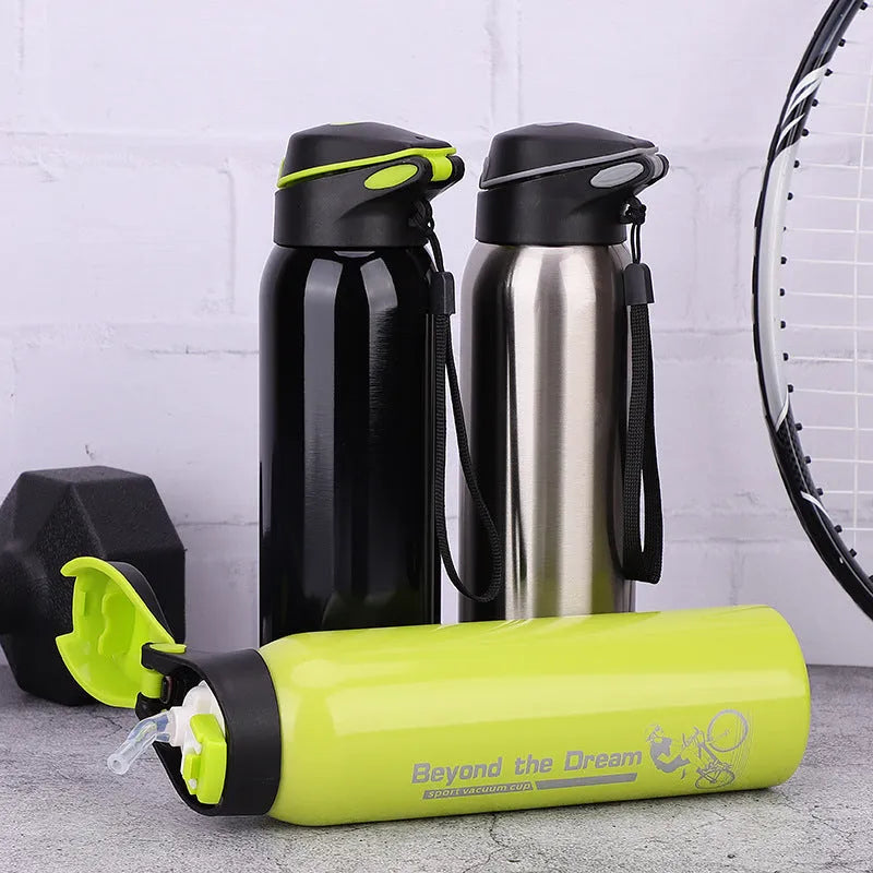500ml insulated bike water bottle in double stainless steel, 24 x 6.6cm, shown in Black, Green, Pink, or Silver.