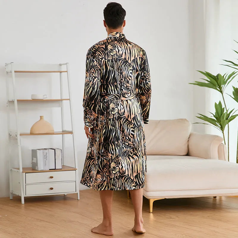 Men's tiger pattern long sleeve bathrobe with matching shorts on a hanger