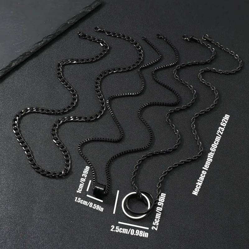 Black three-piece stainless steel men's necklace set with titanium steel cylindrical ring pendant