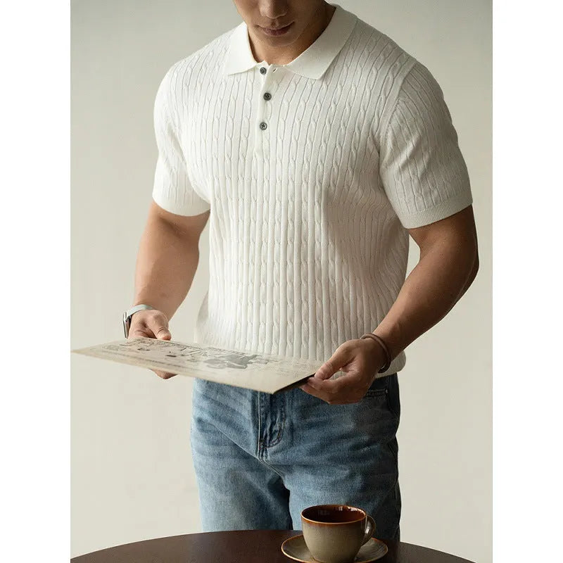 Men's short-sleeve top in khaki, black, or white for business and casual wear, showing fabric detail and fit