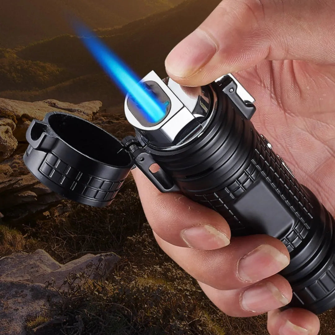 TH727 multi-function waterproof flashlight lighter in metal construction with colour options including camouflage, red, black, blue, and yellow