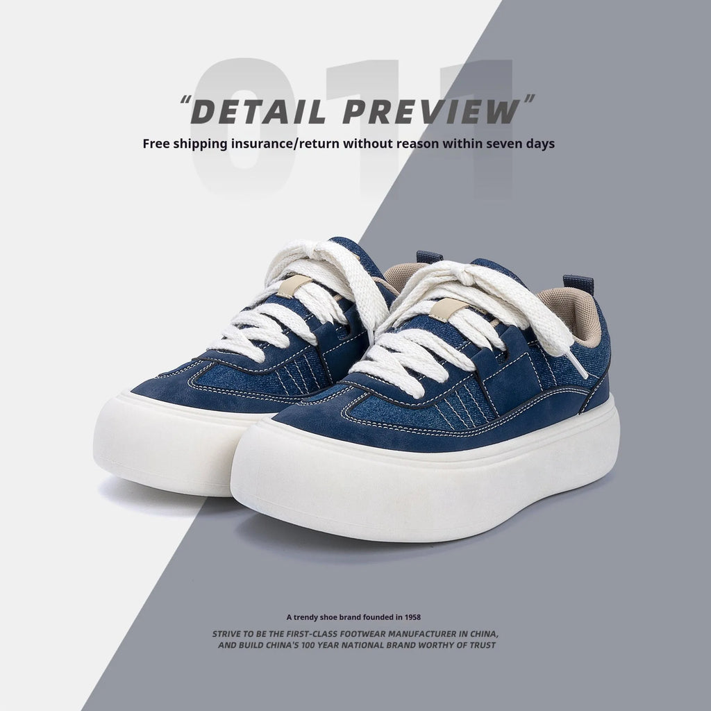 Men's black platform canvas shoes with round toe and lace-up front, showing raised heel design.
