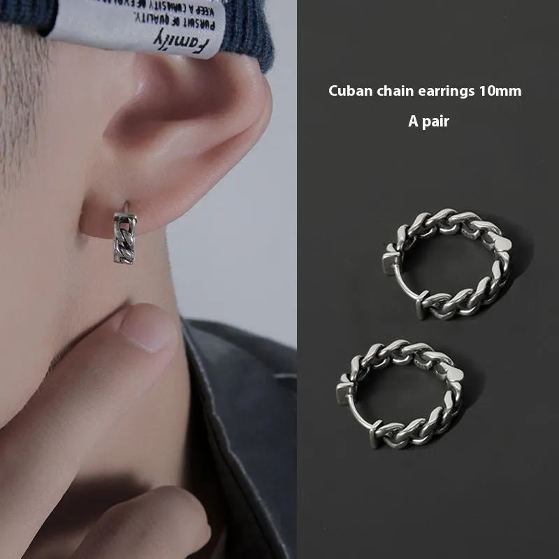 Men's simple geometric copper earrings in silver and auspicious cloud designs, shown in 10mm and 14mm sizes.