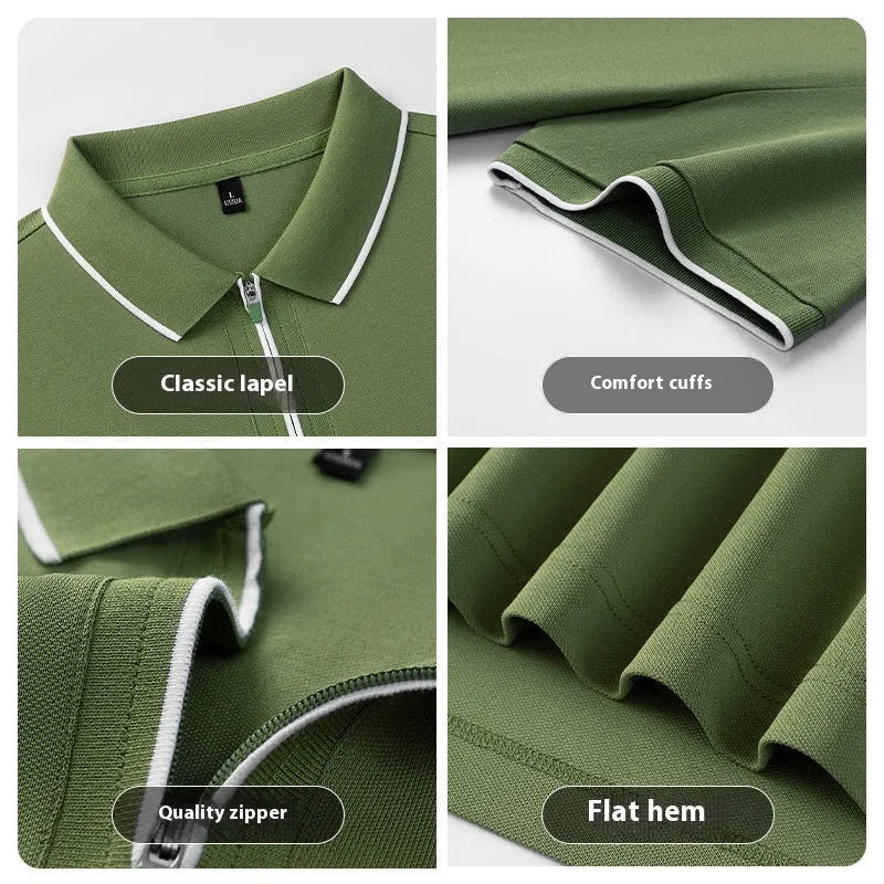 Men's solid colour polo shirt with a zipper front in beige apricot.