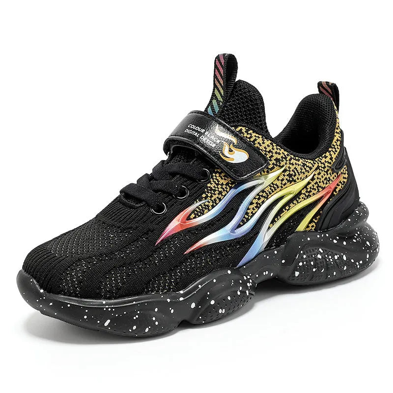 Boys mesh sneakers with textile and TPU upper in beige, black gold, and black red colours