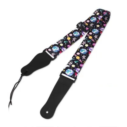 Printed cloth guitar shoulder strap showing eight graphic design options including national flag and space patterns
