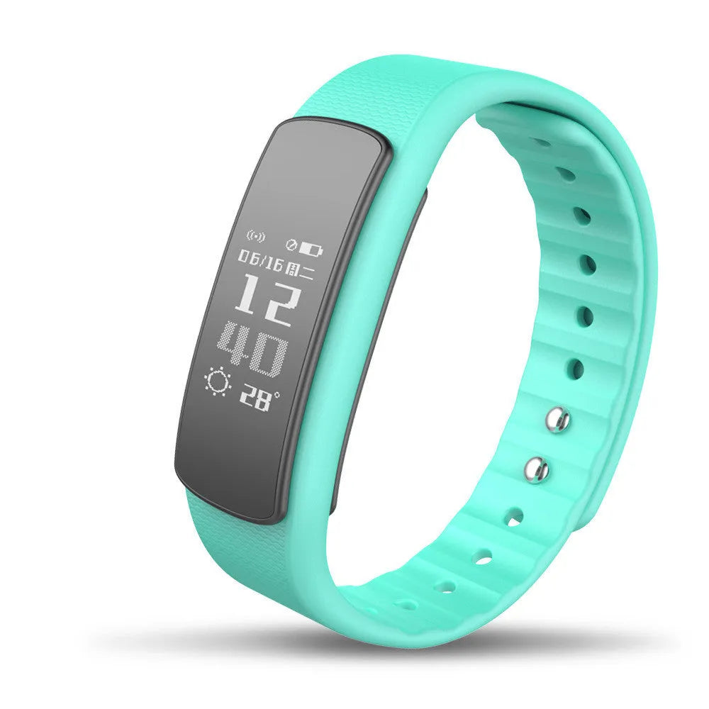 Black I6 smart sports bracelet with a 0.96-inch display on a grey background.