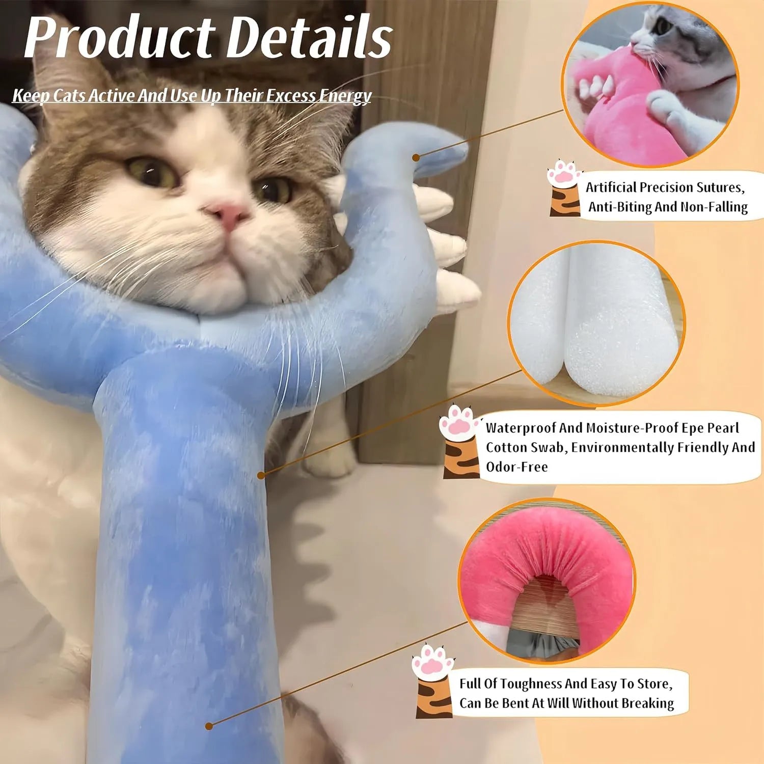 Blue plush cat wand toy with 70cm length shown during interactive play with cat