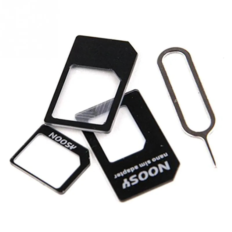 Three-piece SIM card adapter kit in black and white PC plastic for Standard, Micro, and Nano-SIM conversion.