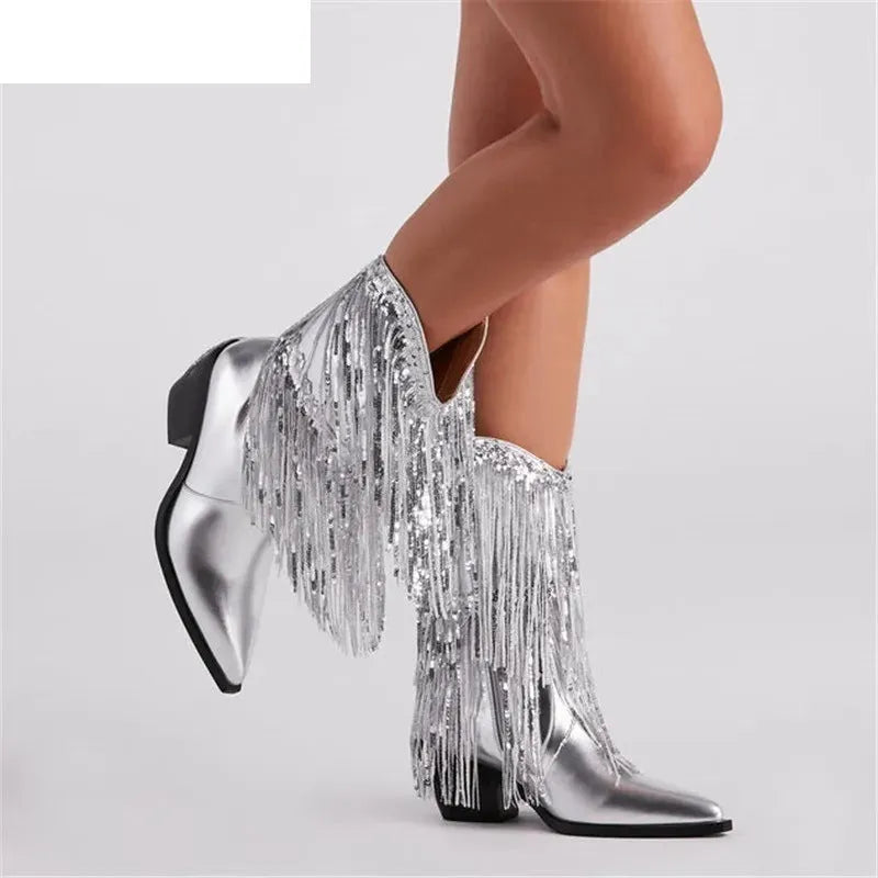 Women's brown chunky heel tassel boots with 8cm+ stiletto heels and mid-calf cut
