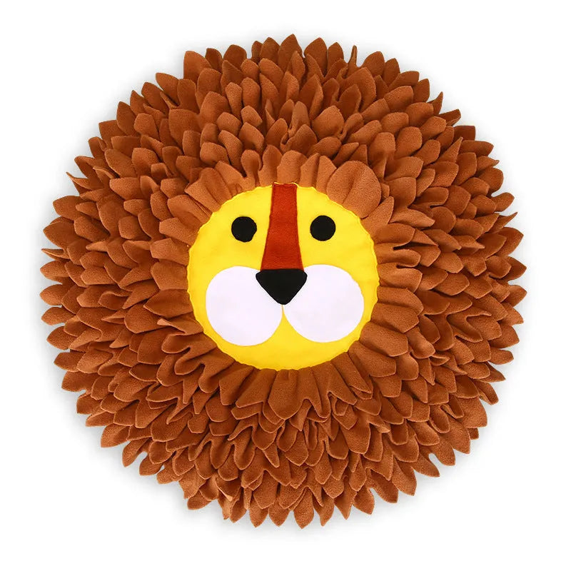 Brown Lion Sniffing Pad foraging blanket for dogs and cats showing multiple hiding compartments