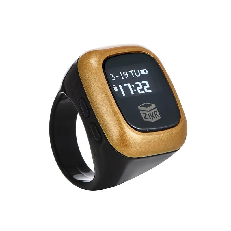 Al-fatiha Zikr electronic counter on wrist with digital display showing count, available in black, space grey, rose gold, silver, wine red, green.