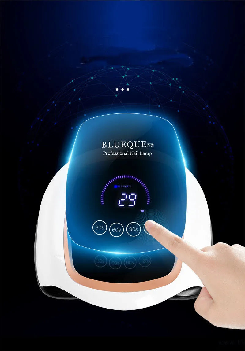 BLUEQUE V3 168W UV LED nail lamp with 42 gold wire beads, 23.5cm x 20cm x 8cm ABS plastic body, EU or US plug.