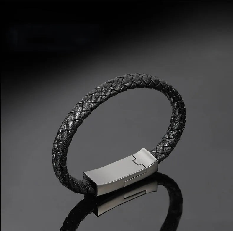 Brown braided double-line USB charging cable in a presentation gift box.