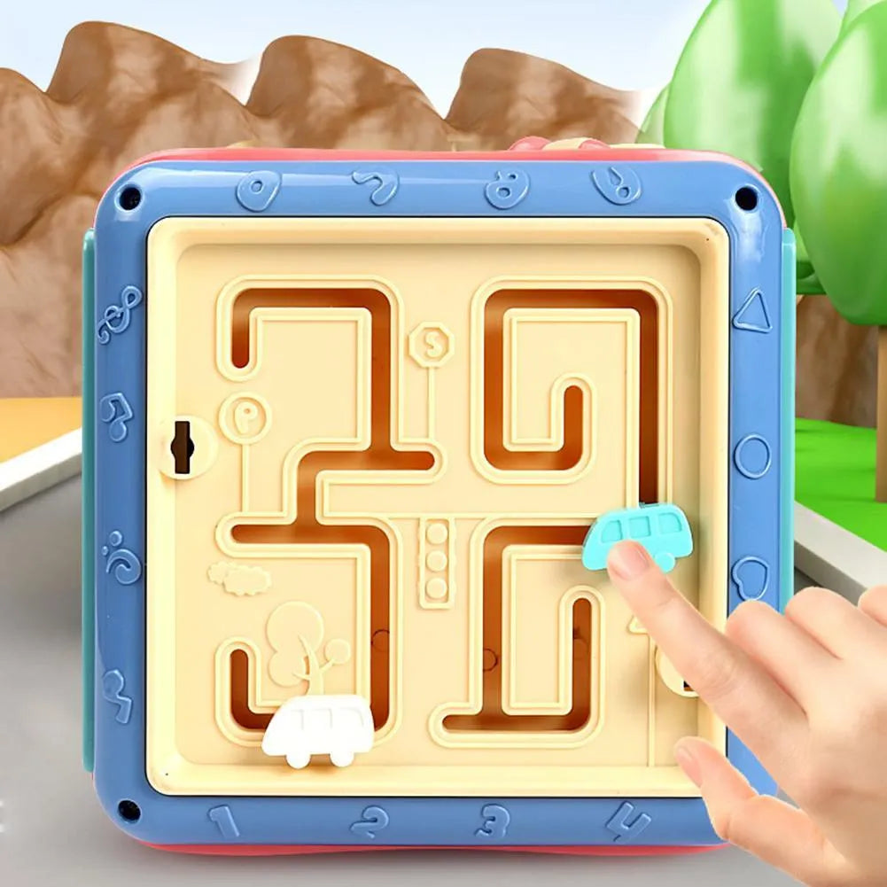 Montessori hexahedron educational toy with six different learning activities on each side