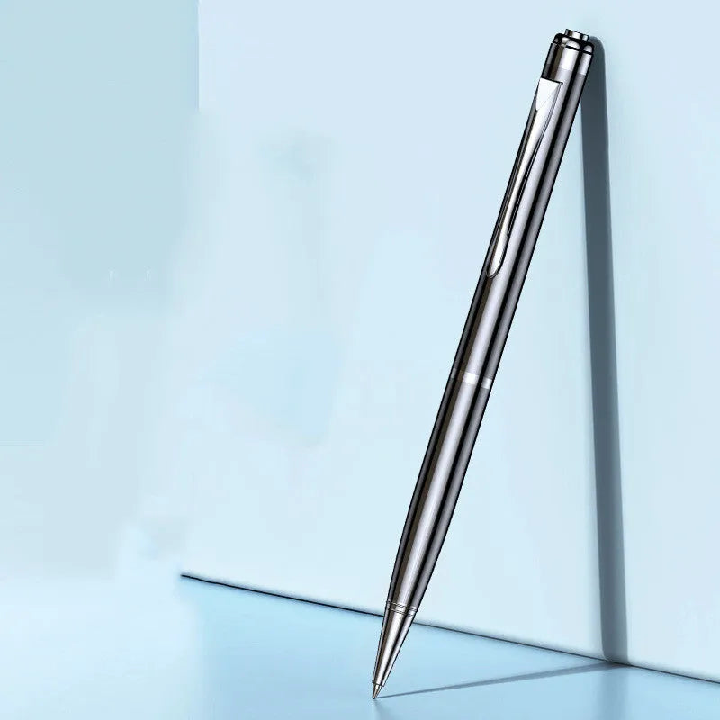 Black pen-shaped digital voice recorder with zinc alloy body and high storage capacity.