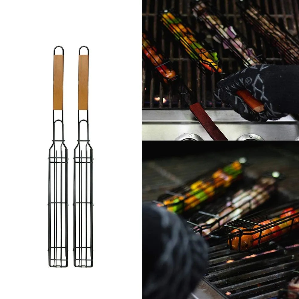Burlywood coloured iron barbecue basket with a long wood handle for outdoor grilling.