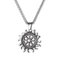 Men's silver alloy skull pendant necklace on a chain, showing design options like dagger, moon, and grimace.