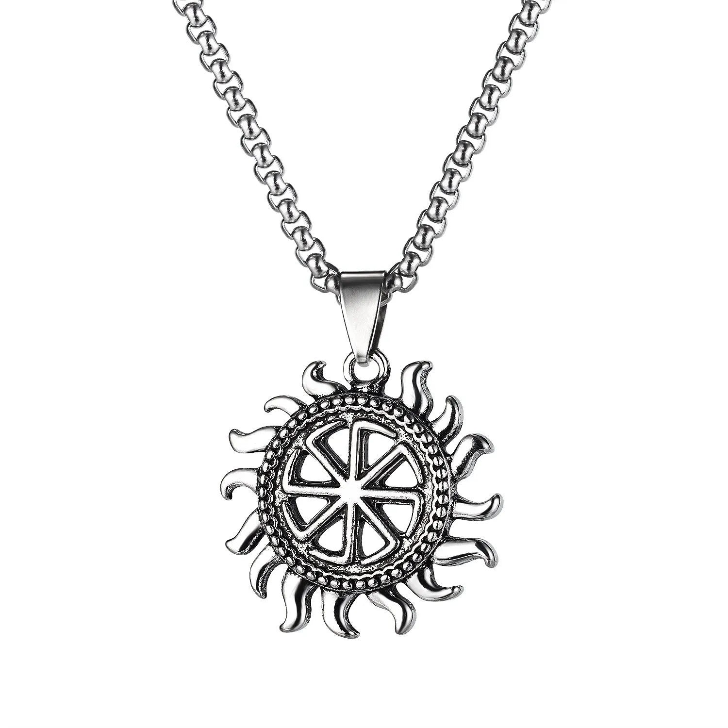 Men's silver alloy skull pendant necklace on a chain, showing design options like dagger, moon, and grimace.
