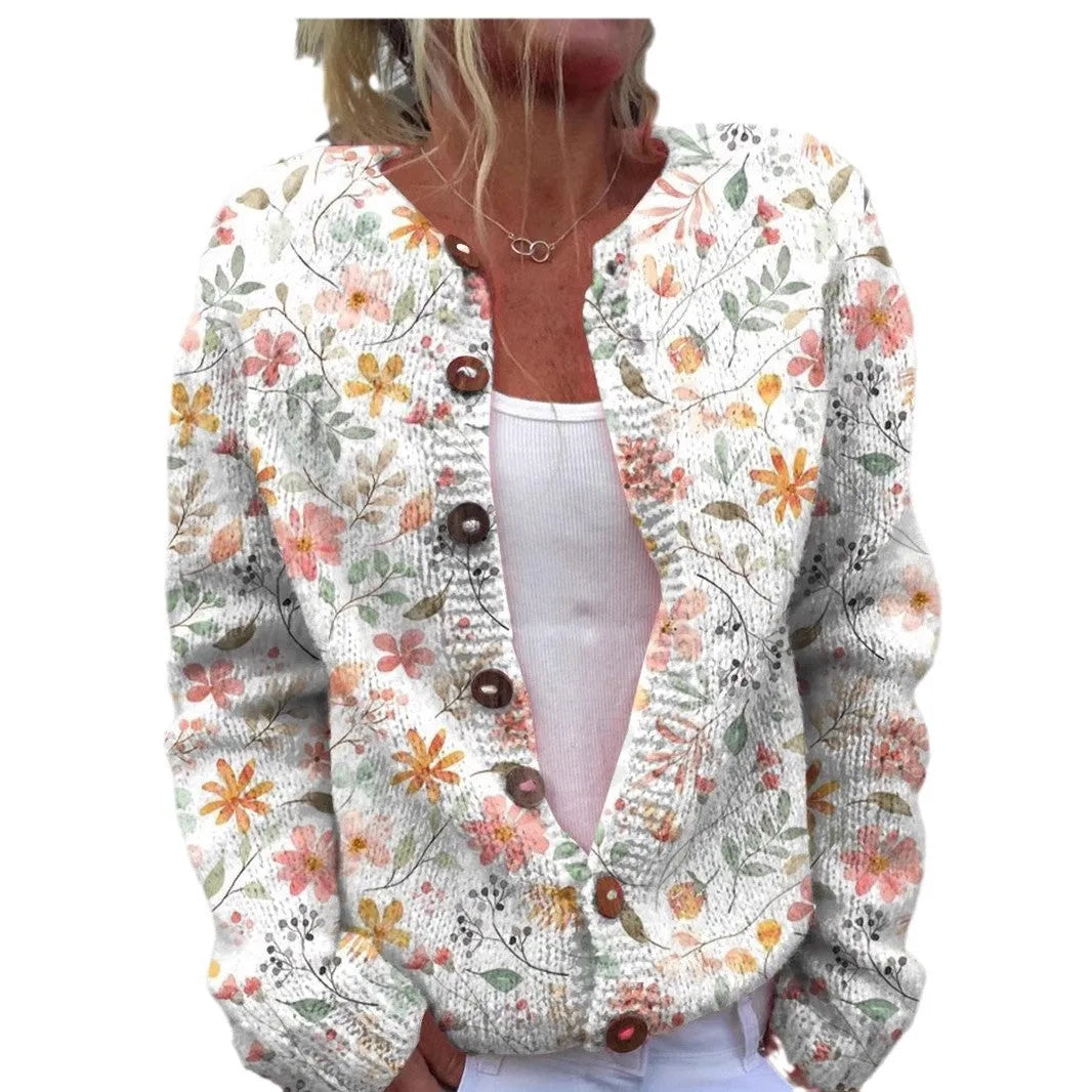 Women's 3D digital print cardigan coat in polyester fabric with loose style and long sleeves