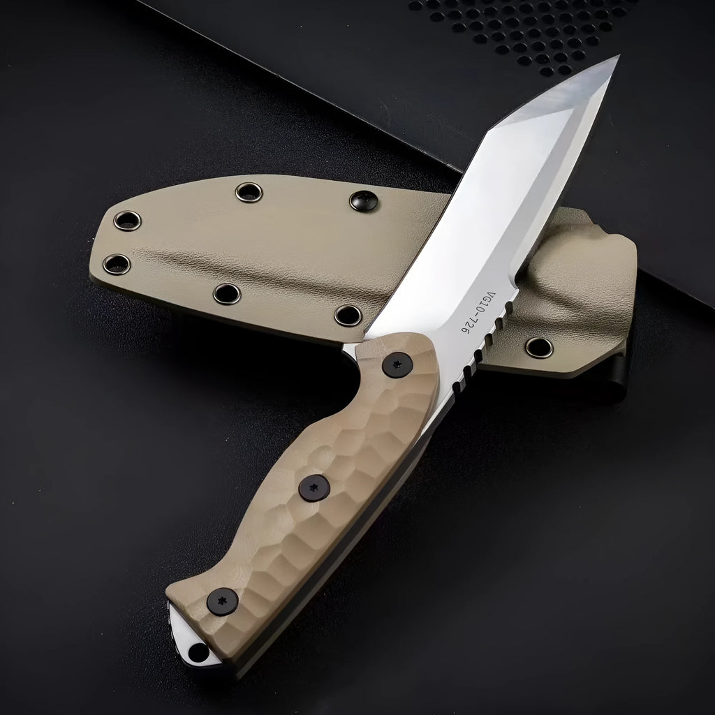 Beige-handled outdoor survival knife showing 260mm length and 130mm blade.