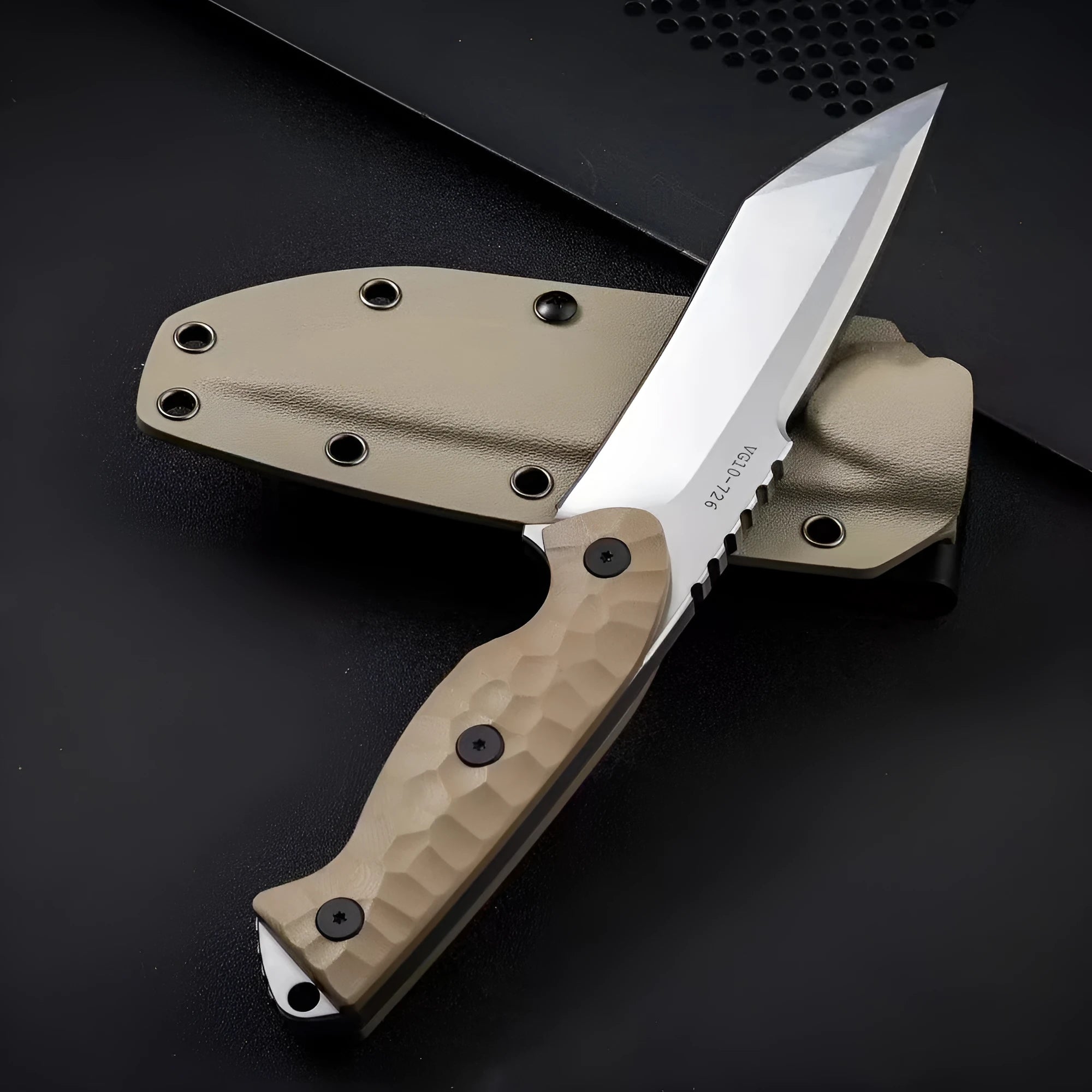 Beige-handled outdoor survival knife showing 260mm length and 130mm blade.