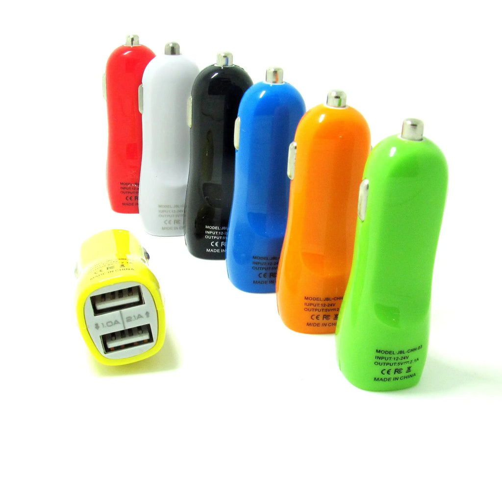 Dual USB port car charger with blue LED indicator light and duckbill design for vehicle 12V sockets
