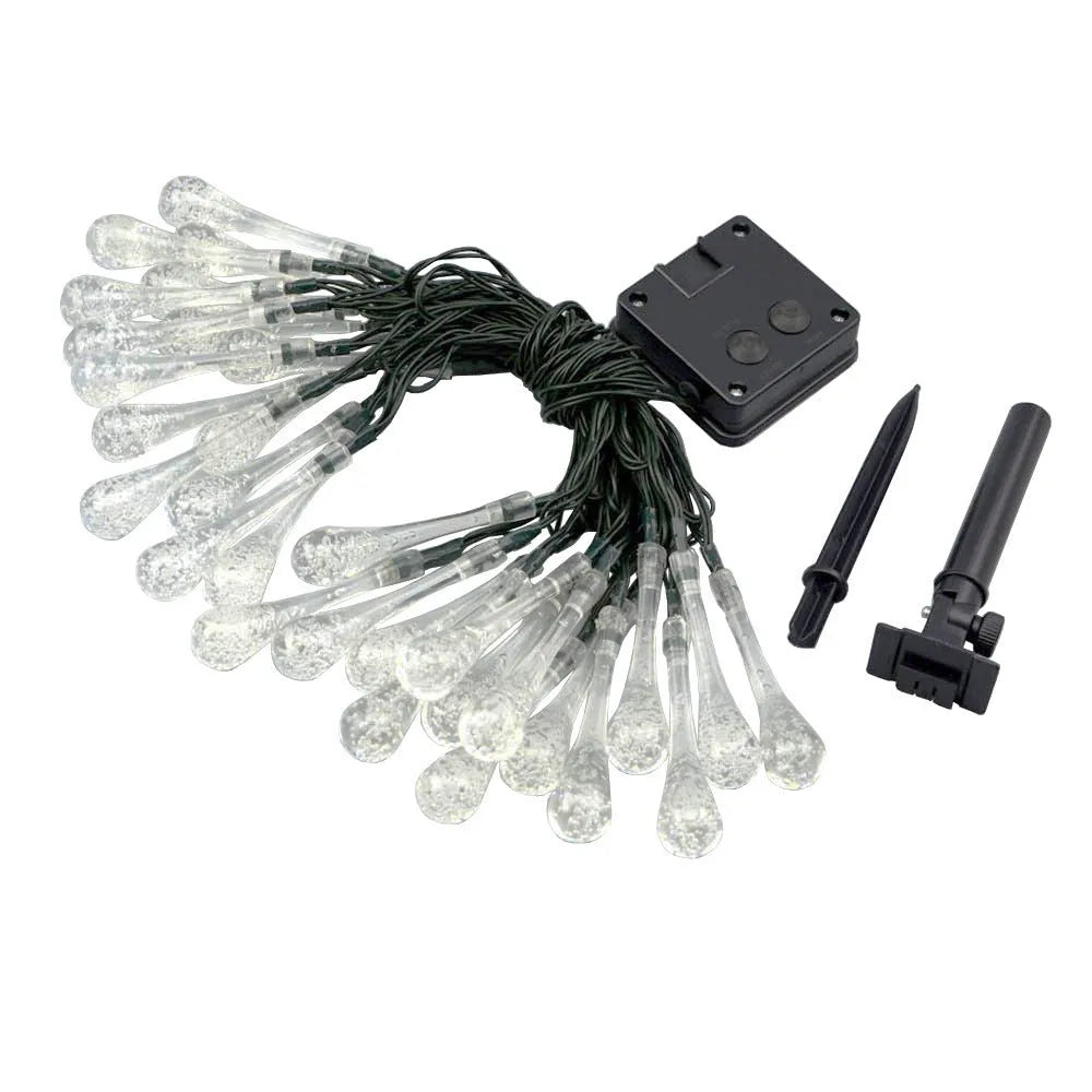 LED outdoor water drops solar lamp string lights showing bubble drop pendants on 6.5m waterproof garland