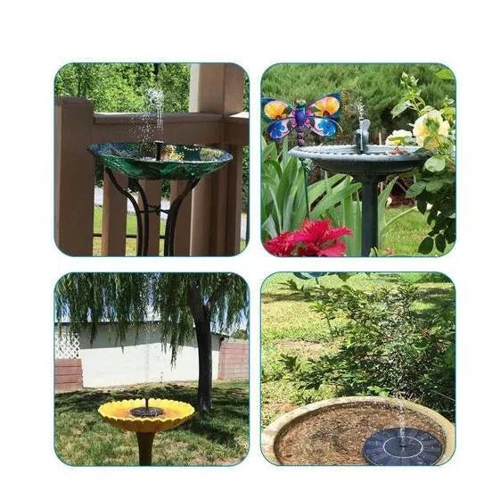 Black solar floating fountain with 4 nozzle attachments in garden pond setting