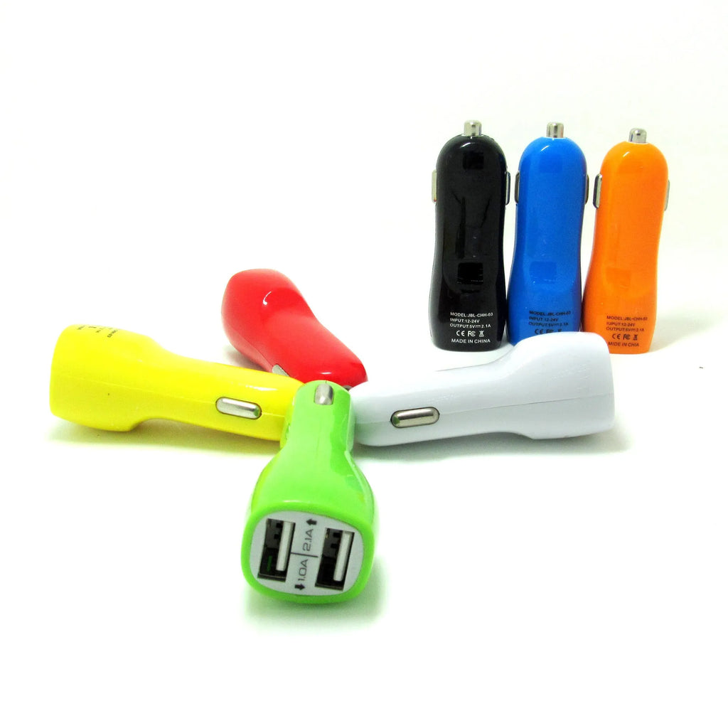 Dual USB port car charger with blue LED indicator light and duckbill design for vehicle 12V sockets