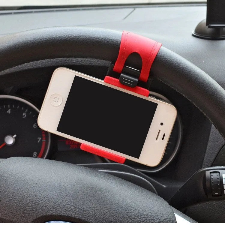 Black steering wheel phone holder mounted showing phone compatibility with dimensions 75x40x25mm