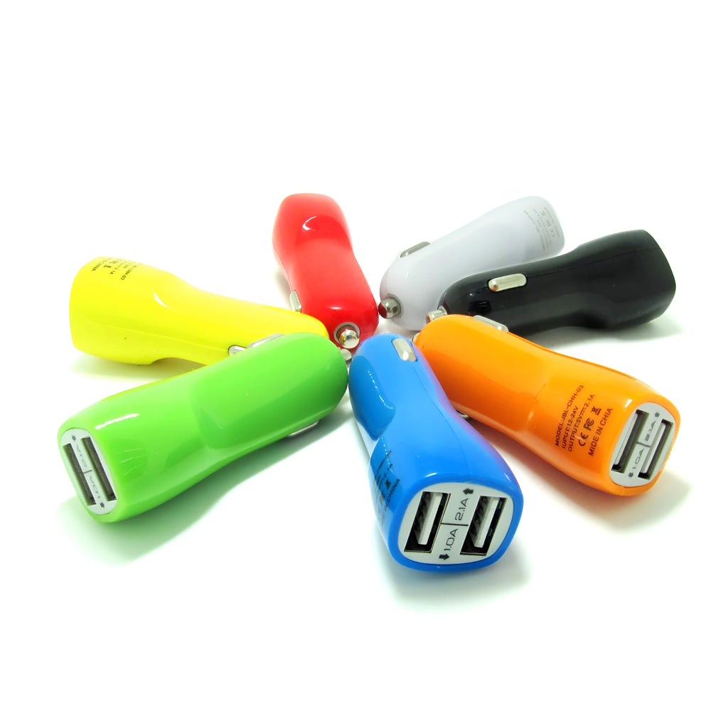 Dual USB port car charger with blue LED indicator light and duckbill design for vehicle 12V sockets