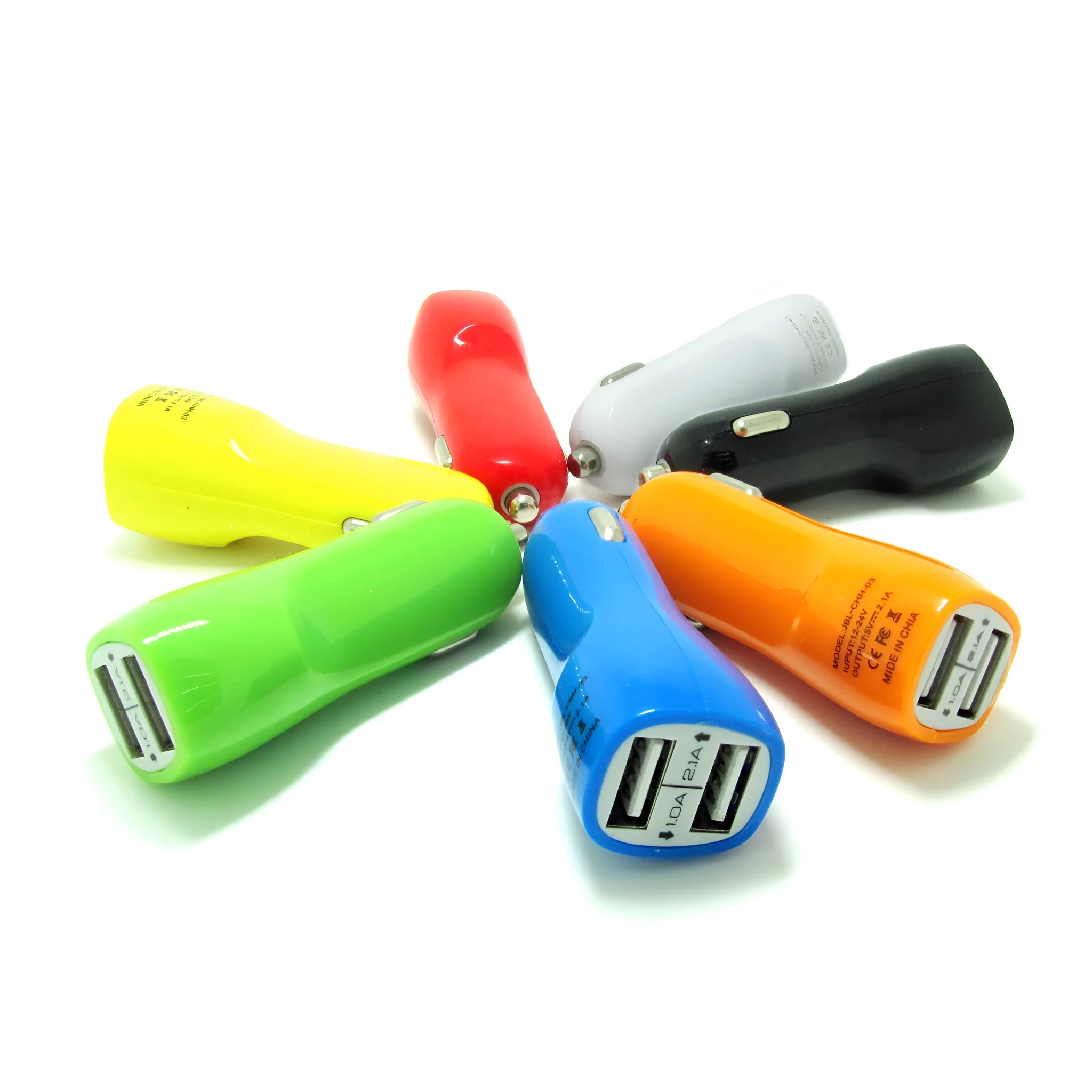 Dual USB port car charger with blue LED indicator light and duckbill design for vehicle 12V sockets