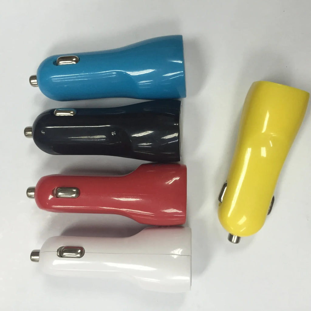 Dual USB port car charger with blue LED indicator light and duckbill design for vehicle 12V sockets