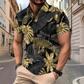Men's gold short sleeve shirt with a large tropical leaf plant pattern print