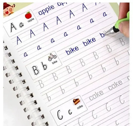 Hard cover magic practice writing book set open on a page, with pen holder and refills alongside.